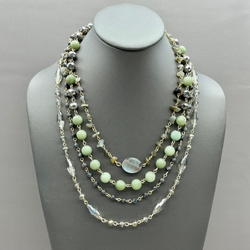 SAACHI Necklace Green Gray Crystal Multi Strand Beaded Statement Gold Tone 22"